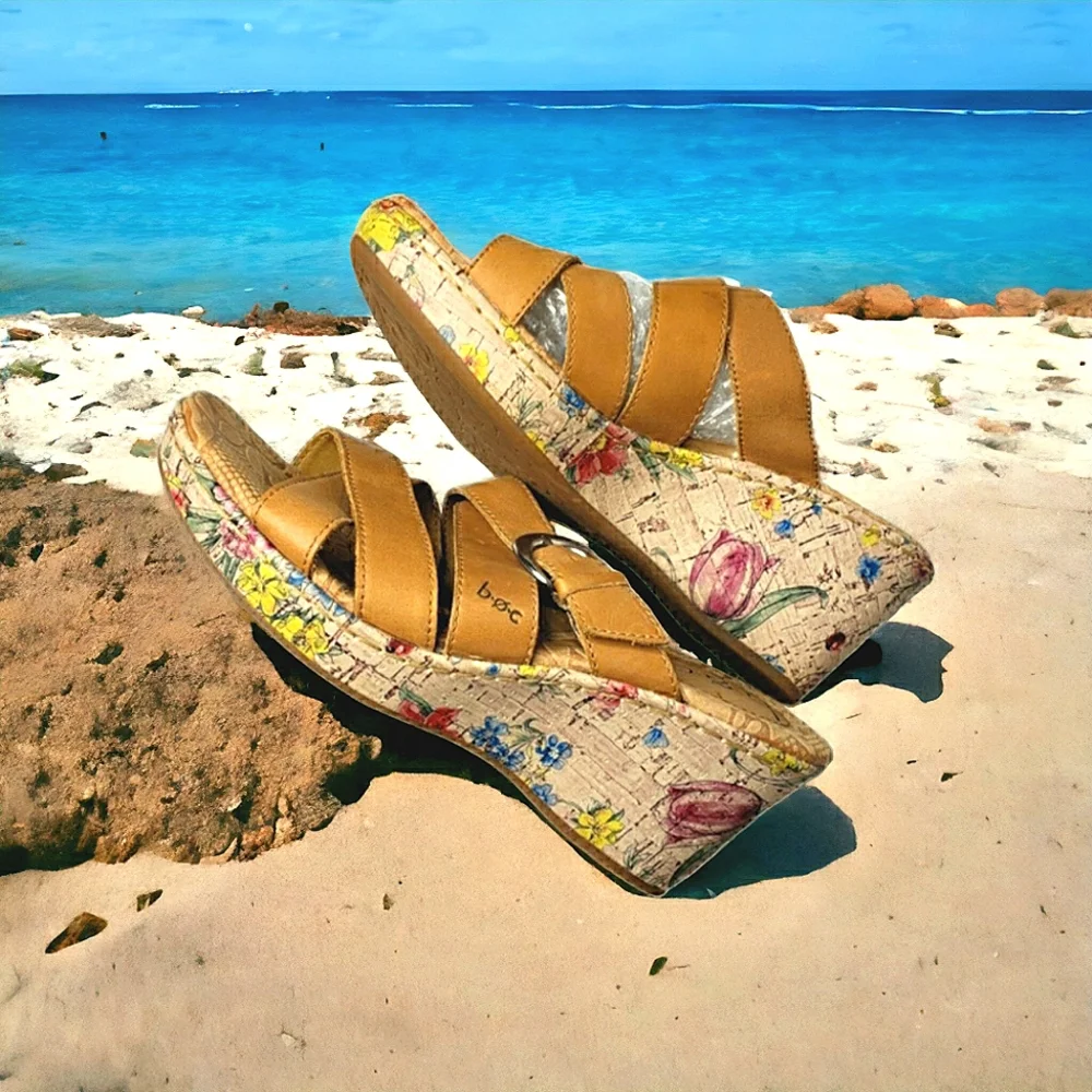 Cottagecore Sandals 7 Cush Painted Floral Strappy Wedge Mule BOC BORN Concepts